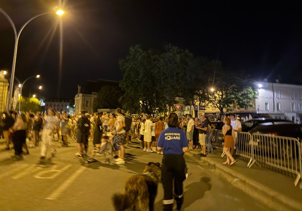 Agente cynophile de sécurité privée Square de dos avec son chien, surveillant une foule lors d'un rassemblement nocturne en ville.